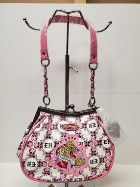Ed Hardy Pink and White Skull Print Chain-Accent Kiss Lock Shoulder Bag